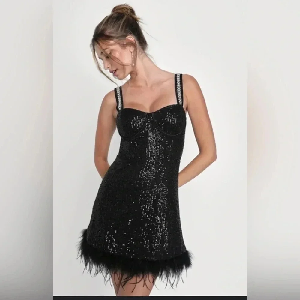 Lulu’s Dress Women’s Medium Glamorous Energy Black Sequin Pearl Bustier Mini NWT - Picture 3 of 11